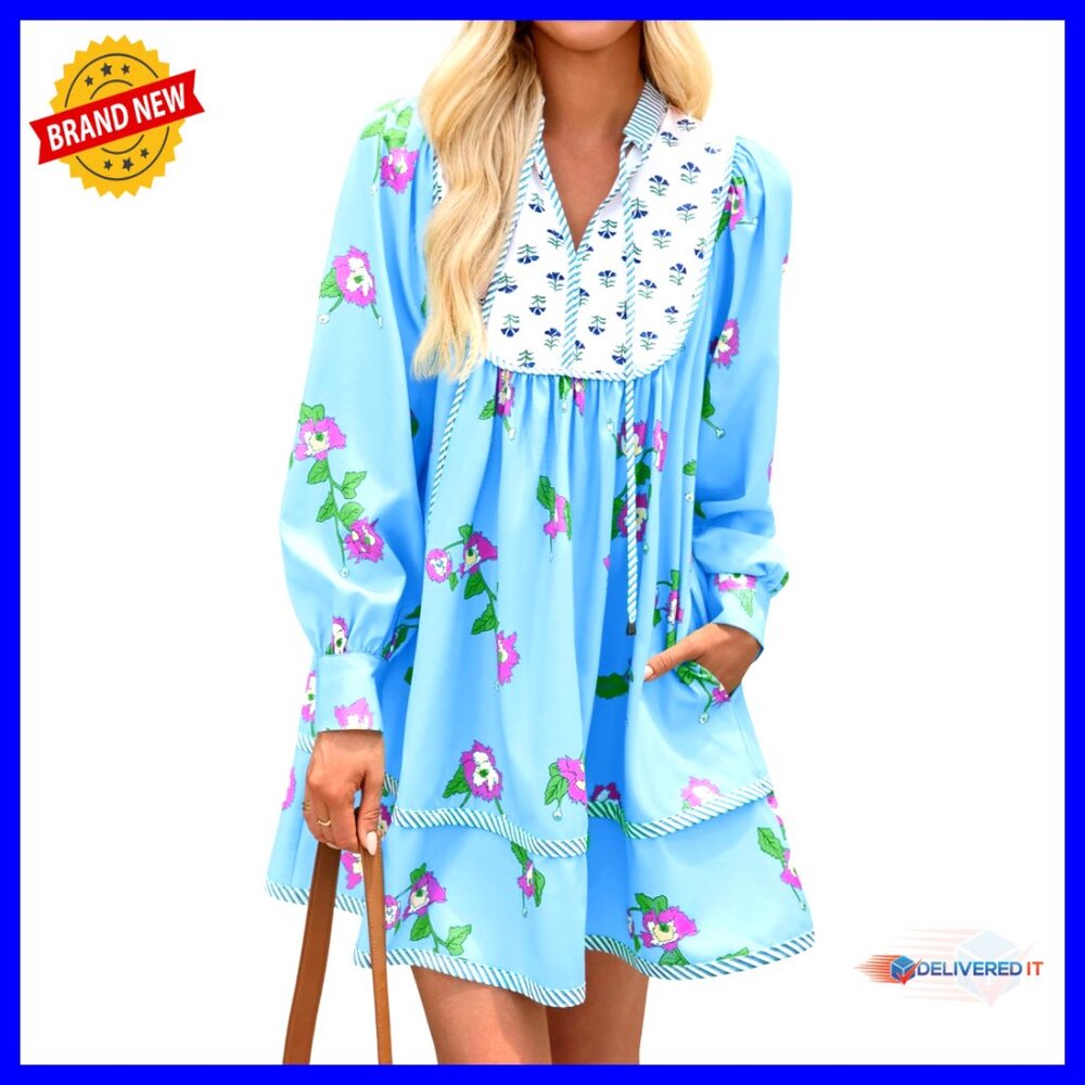Women's Floral Mini Dress Long Sleeve V Neck Patchwork Boho Casual Loose